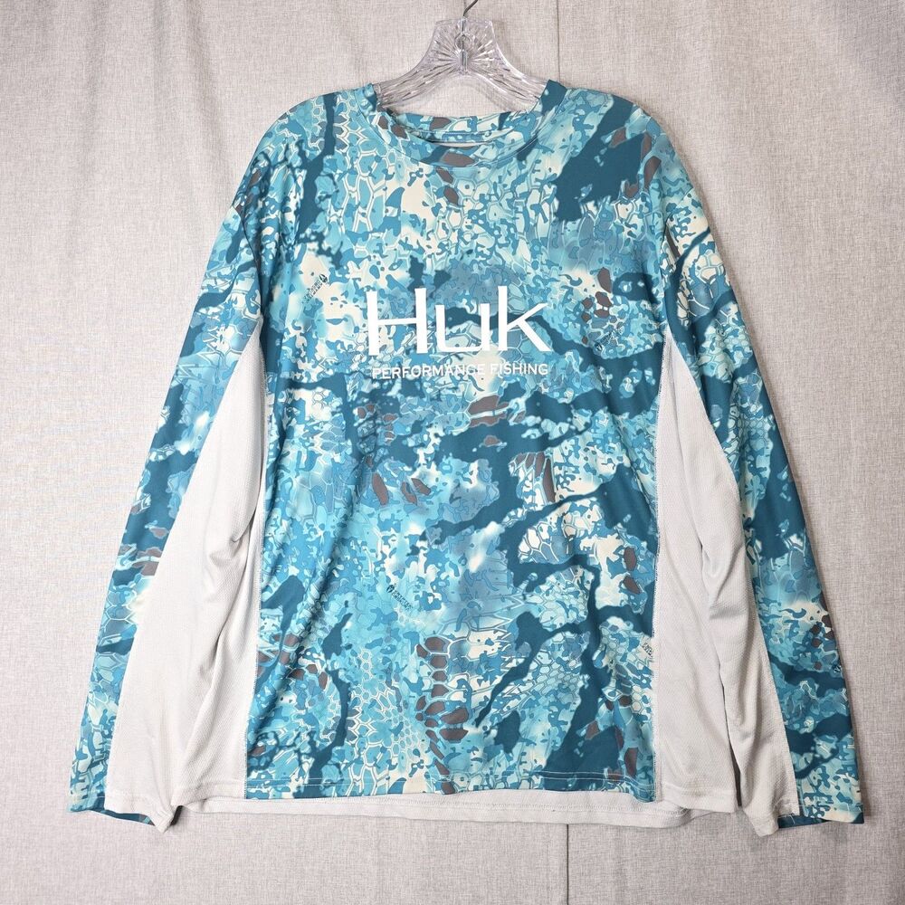 HUK Performance Fishing Shirt Mens XL Blue Camo Long Sleeve Ventilated Sun Crew